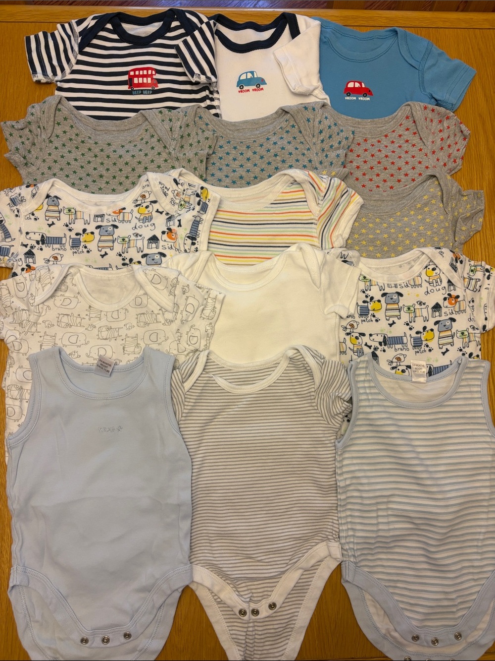 Mixed Baby Bodysuit (15) Bundle - Blue, Gray, White, Striped & Patterned 6-9 mth